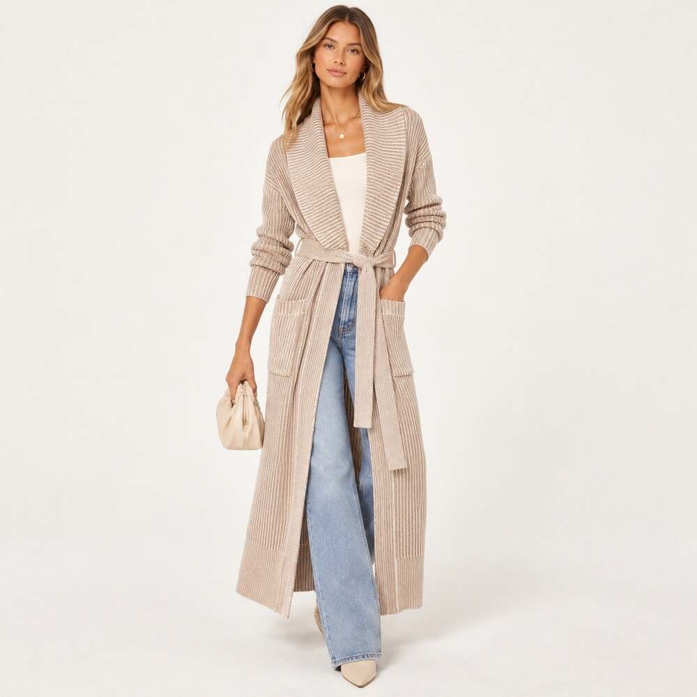 Elan Striped Ribbed Knit Long Cardigan Duster Sweater Coat Small